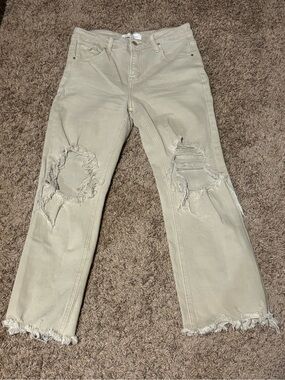 High-Rise Distressed Wide-Leg Jeans — Light Beige